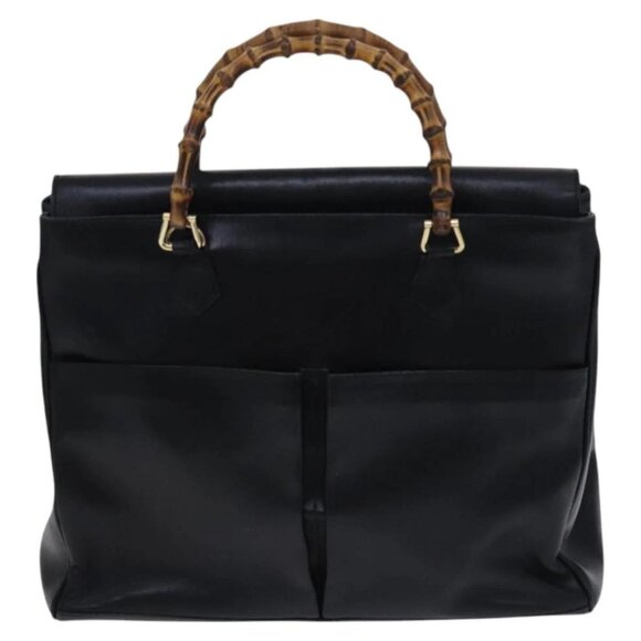GUCCI Bamboo Hand Bag Leather 2way Black Gold - Picture 11 of 16